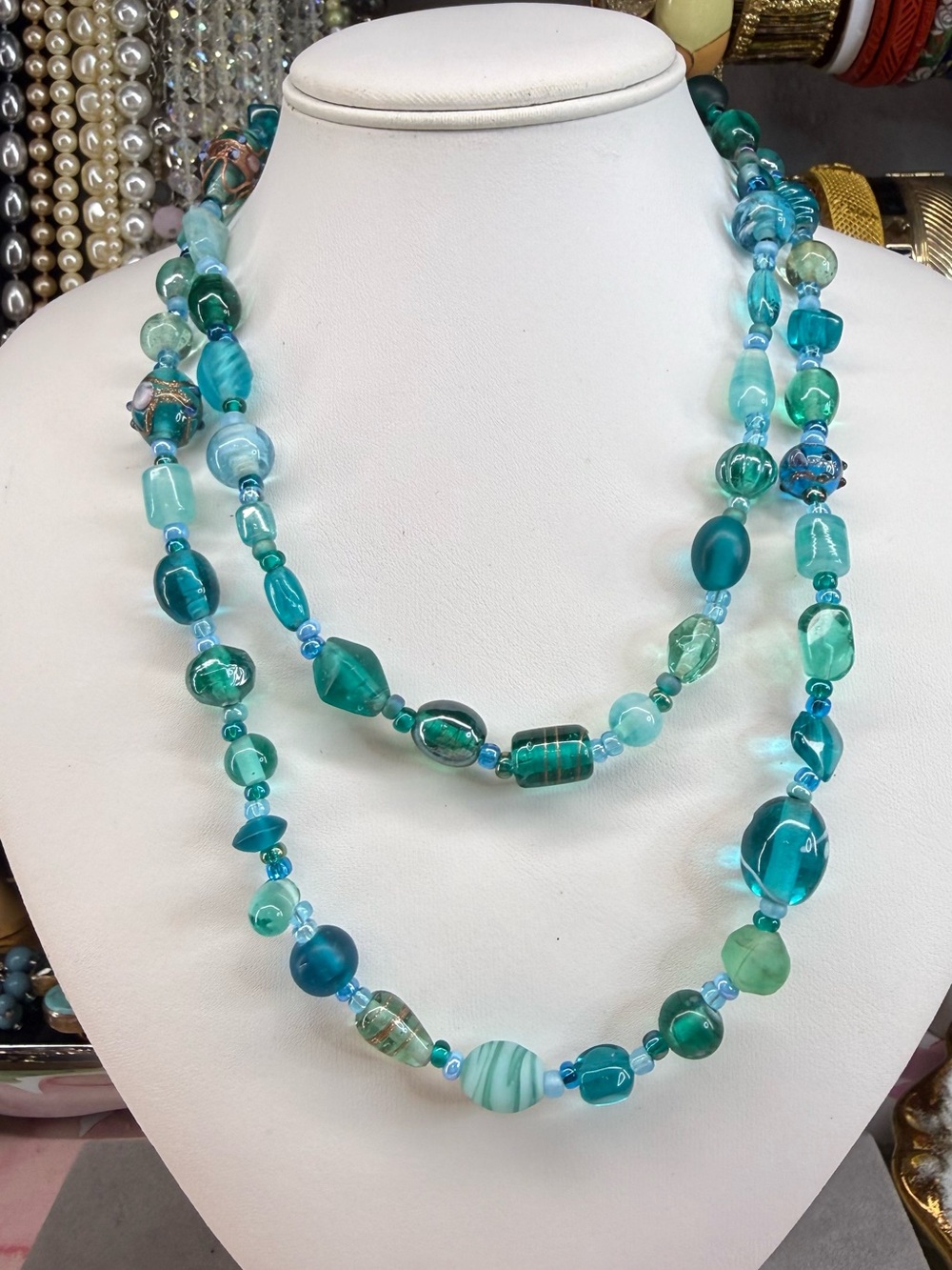 Vintage Artisan Glass Turquoise Blue-Green Glass Bead Cupcake beads Necklace